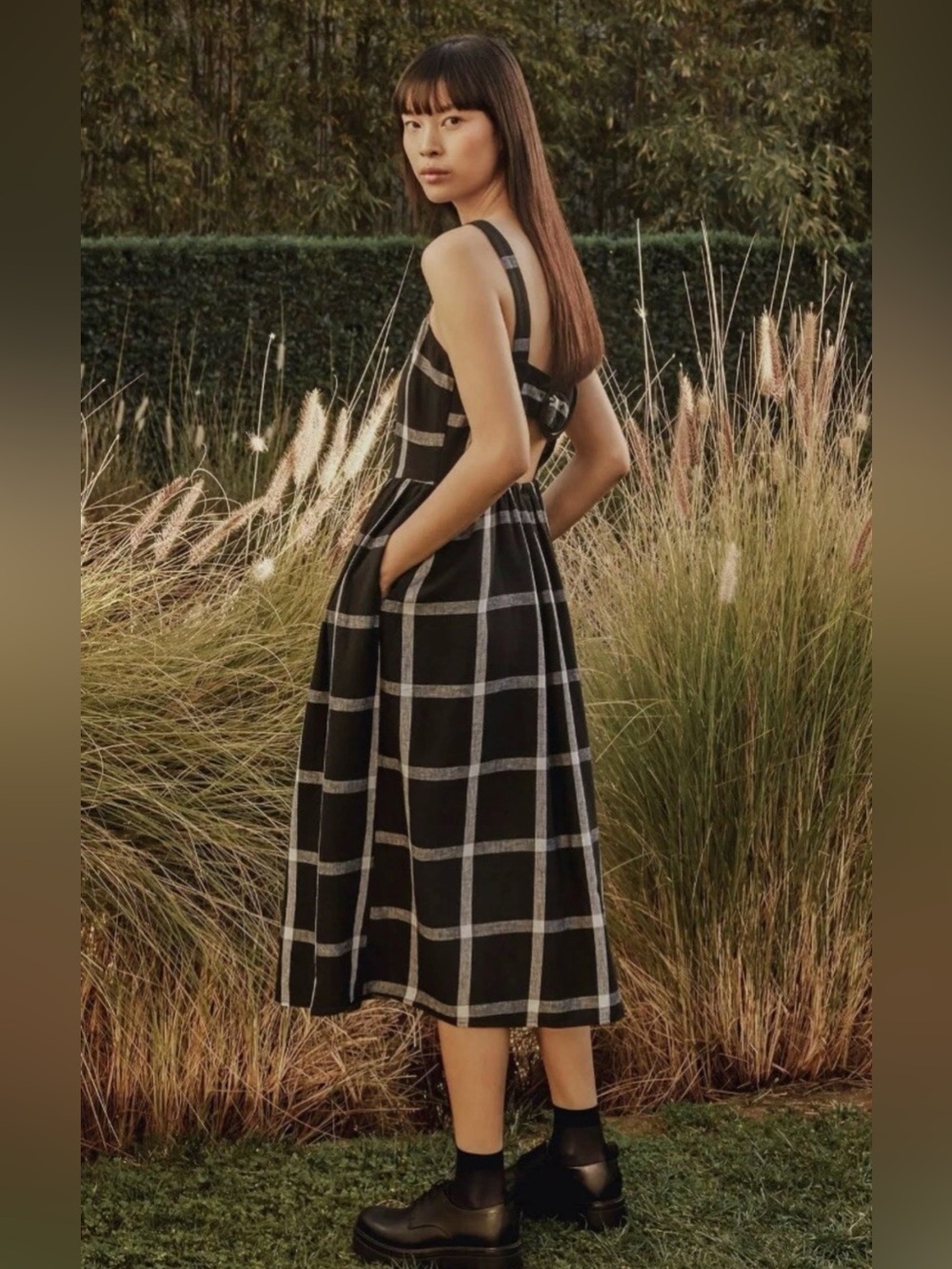Who what wear linen blend Classic Black Windowpane Midi Dress with Straps size L